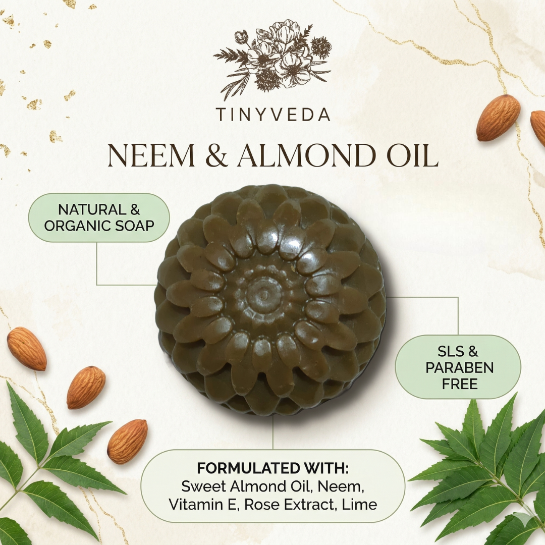 Tinyveda Neem & Sweet Almond Oil Handmade Organic Soap with Vitamin E, Vegetable Glycerine & Rose Extracts